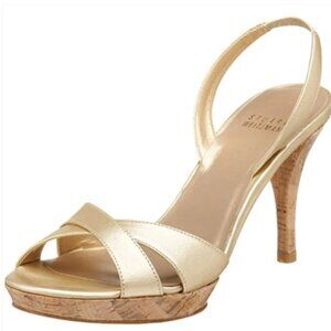 Stuart Weitzman Glorious Cava Gold Nappa Leather Sandals Heels 6.5M Like New